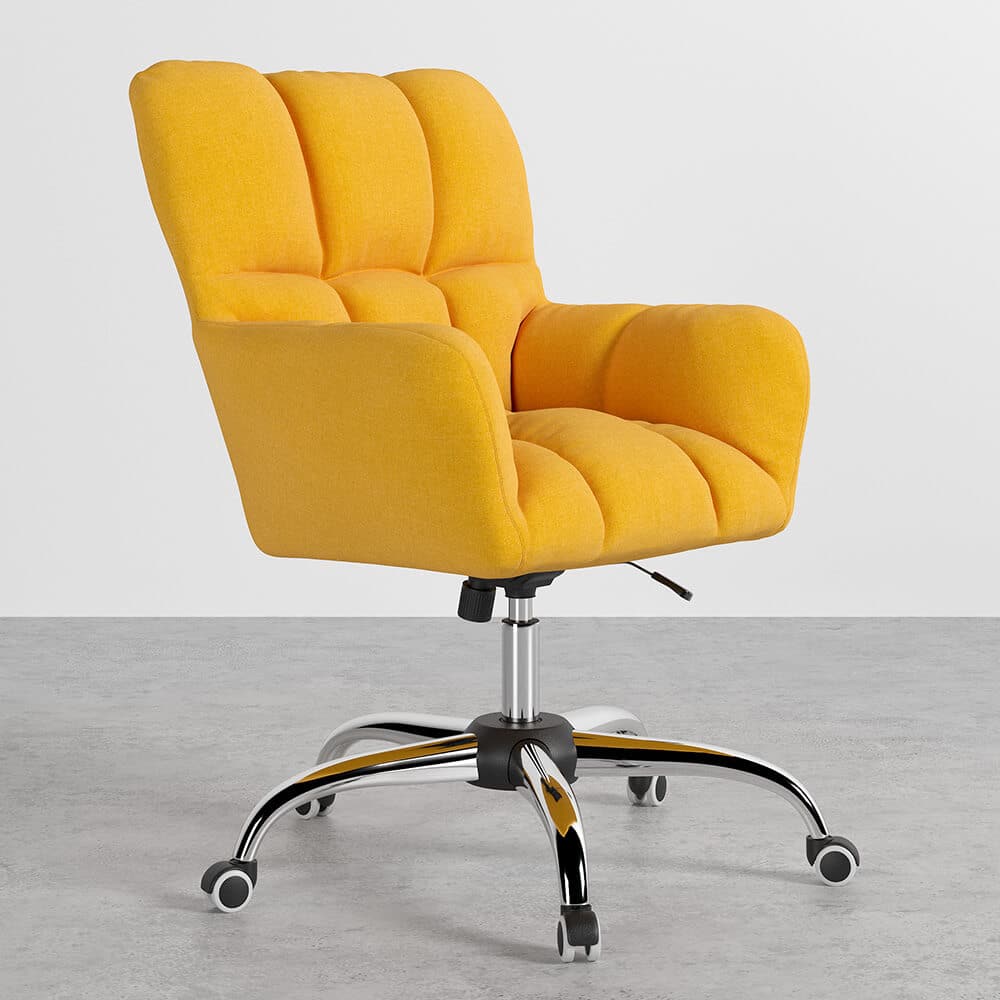 Modern Office Chair Upholstered Cotton & Linen Swivel Task Chair Height Adjustable#Yellow