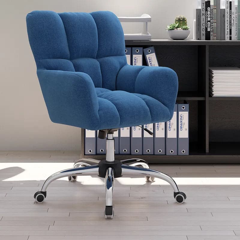 Modern Office Chair Upholstered Cotton & Linen Swivel Task Chair Height Adjustable#Blue