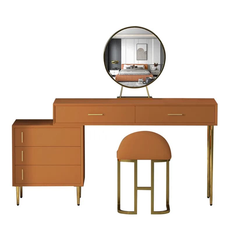 Modern Orange Makeup Vanity Set Retracted Dressing Table Cabinet Stool and Mirror Included#Orange