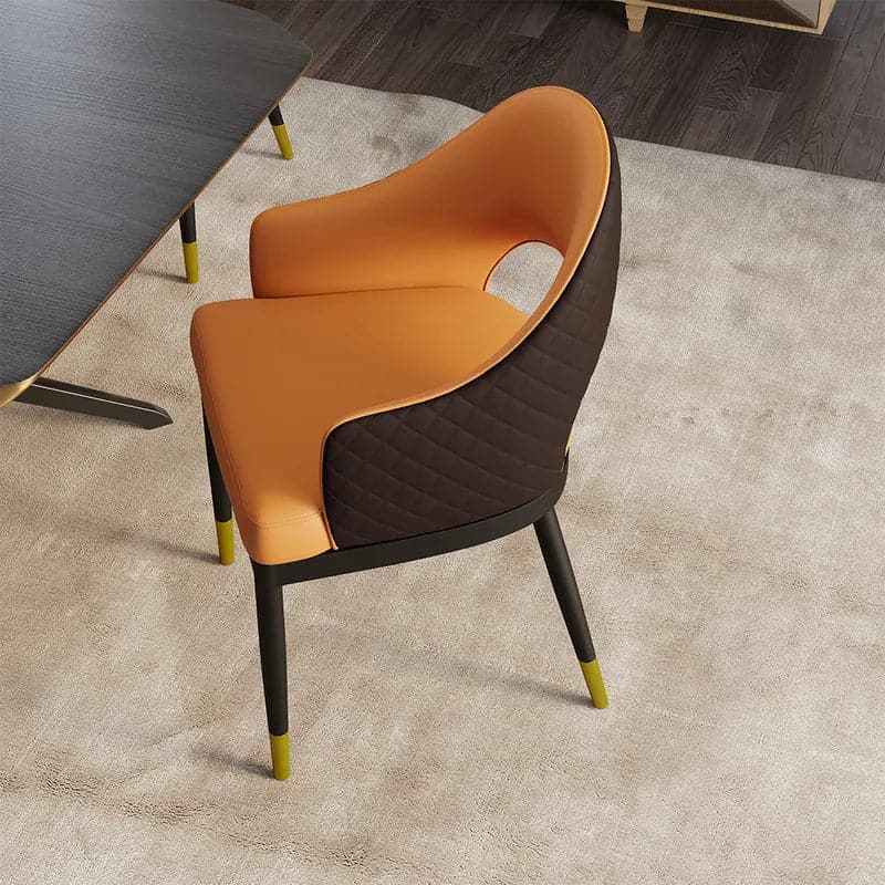 Chaise de salle à manger moderne en cuir PU orange et café (ensemble de 2) à dossier ouvert avec accoudoirs