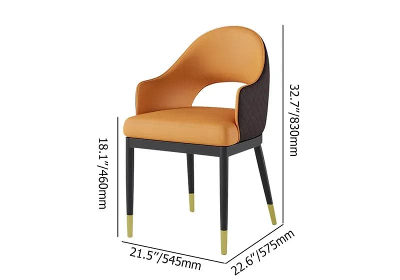 Chaise de salle à manger moderne en cuir PU orange et café (ensemble de 2) à dossier ouvert avec accoudoirs