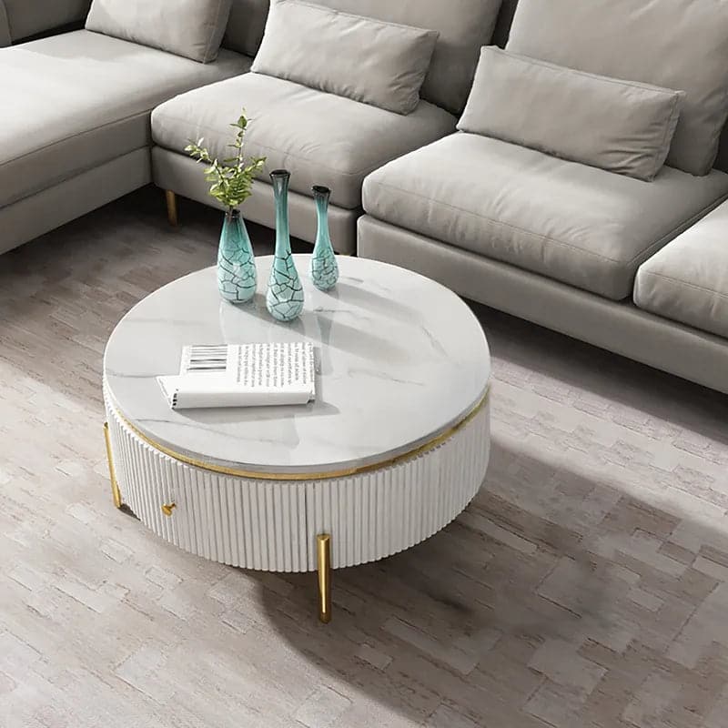 Table basse ronde moderne avec rangement, table d'appoint en marbre et acier inoxydable doré