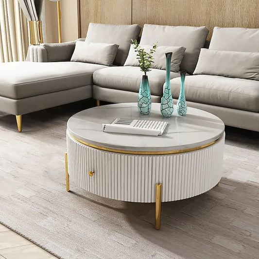 Modern Round Coffee Table with Storage Marble Accent Table Stainless Steel in Gold