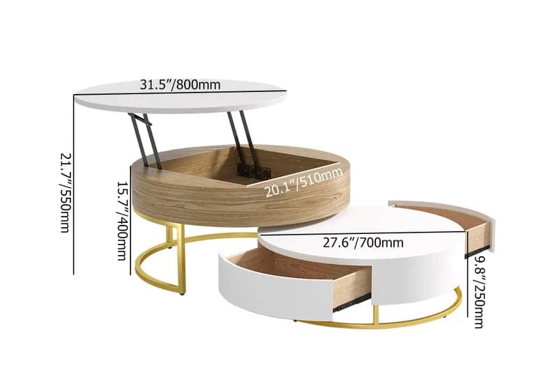 Modern Round Lift-top Nesting Wood Coffee Tables with 2 Drawers White and Natural#White & Natural