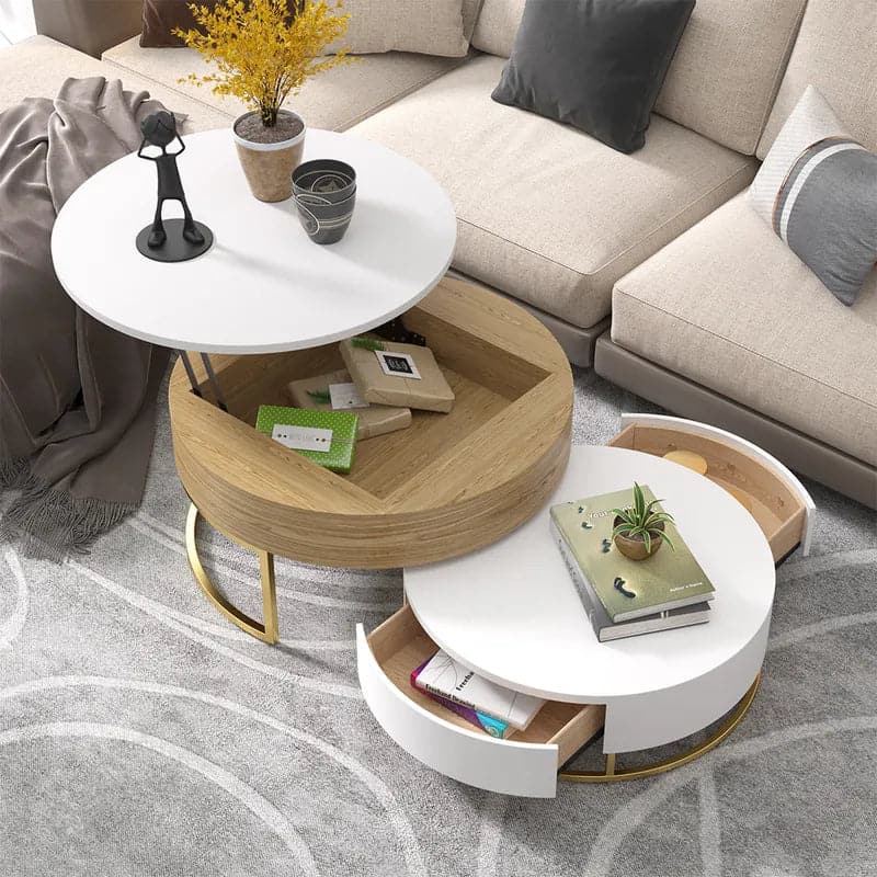 Modern Round Lift-top Nesting Wood Coffee Tables with 2 Drawers White and Natural#White & Natural