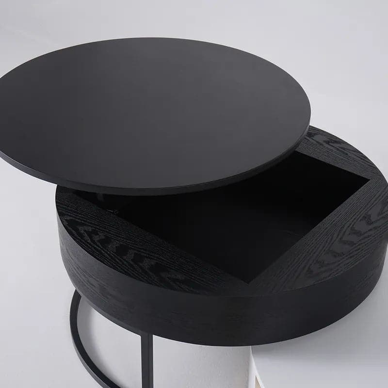 Round Wood White & Black Lift-top Nesting Coffee Table with Rotatable Drawers#White & Black