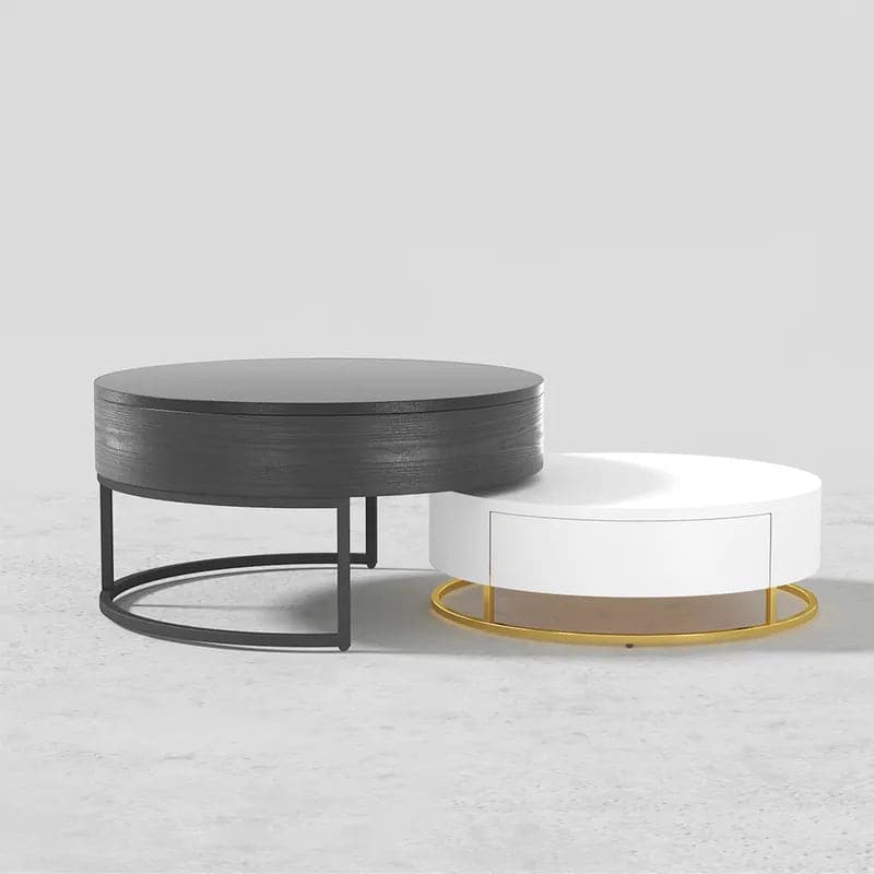 Round Wood White & Black Lift-top Nesting Coffee Table with Rotatable Drawers#White & Black