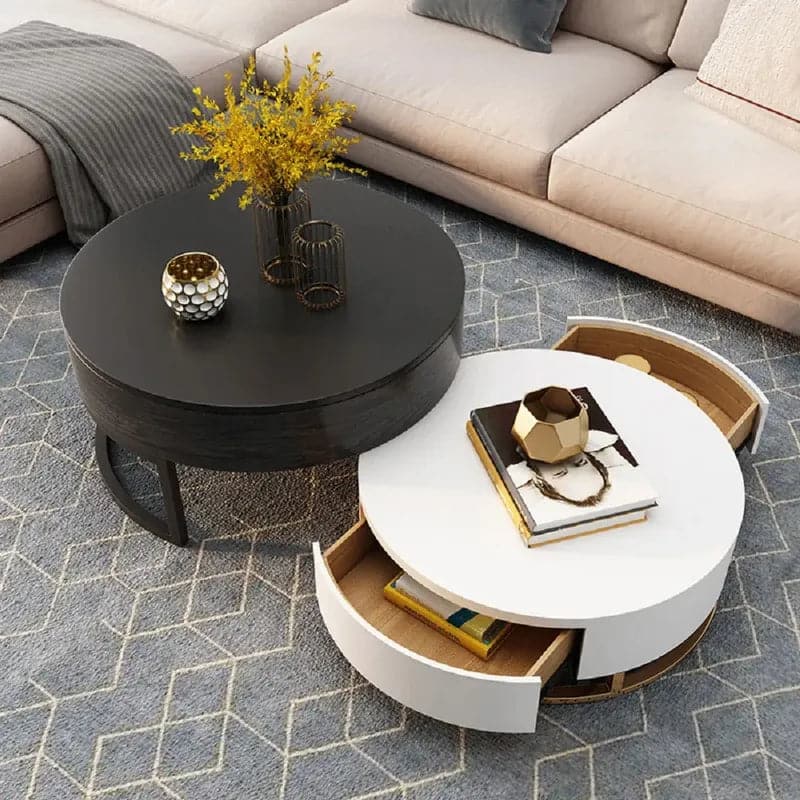 Round Wood White & Black Lift-top Nesting Coffee Table with Rotatable Drawers#White & Black