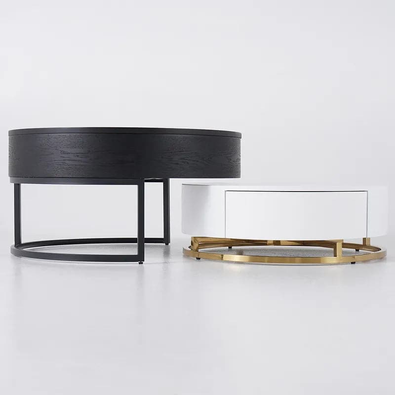Round Wood White & Black Lift-top Nesting Coffee Table with Rotatable Drawers#White & Black