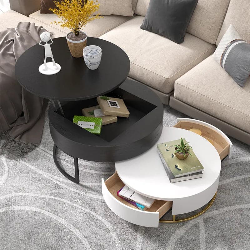 Round Wood White & Black Lift-top Nesting Coffee Table with Rotatable Drawers#White & Black