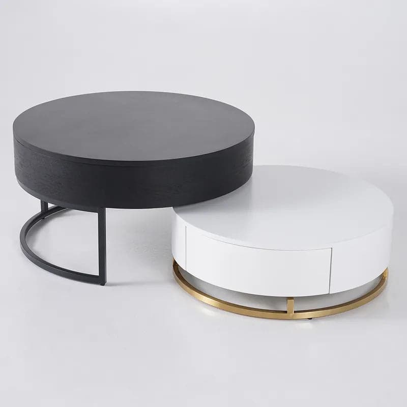 Round Wood White & Black Lift-top Nesting Coffee Table with Rotatable Drawers#White & Black