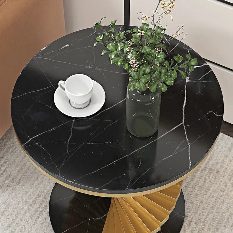 Modern White&Black Round Metal Side Table with Faux Marble Tabletop End Table#Black