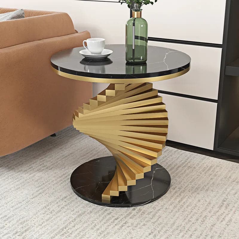 Modern White&Black Round Metal Side Table with Faux Marble Tabletop End Table#Black