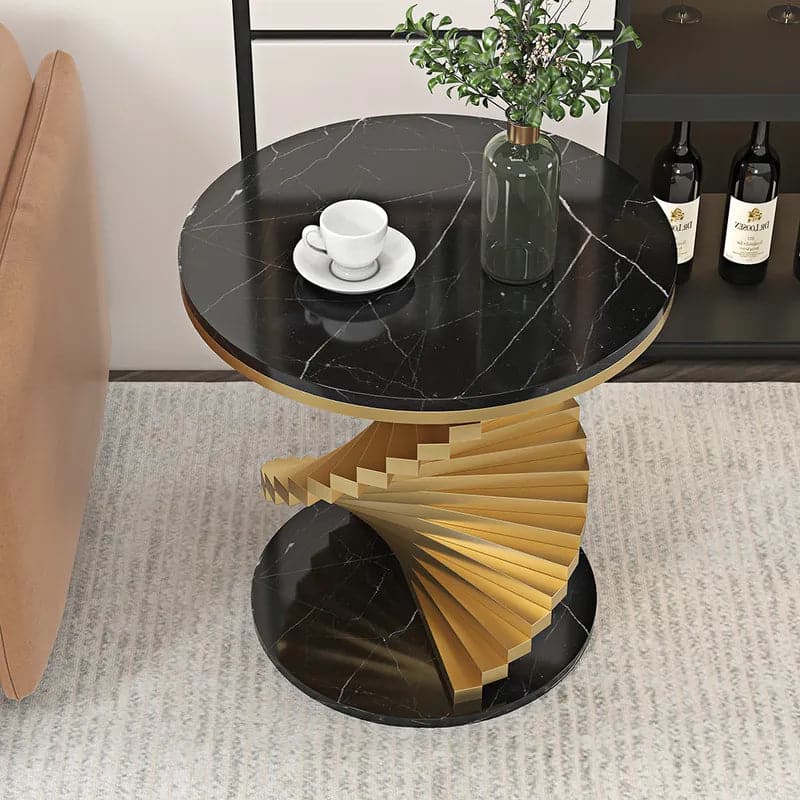 Modern White&Black Round Metal Side Table with Faux Marble Tabletop End Table#Black