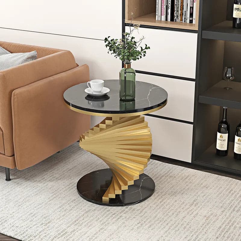 Modern White&Black Round Metal Side Table with Faux Marble Tabletop End Table#Black