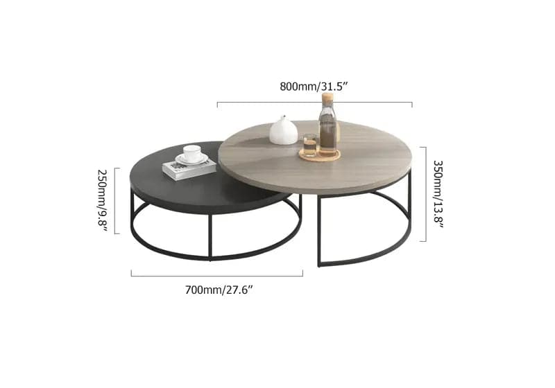 Table basse d'appoint de salon extensible, ronde et moderne, 2 pièces, grise et noire, gigogne