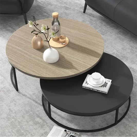 Table basse d'appoint de salon extensible, ronde et moderne, 2 pièces, grise et noire, gigogne