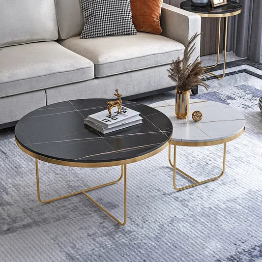Ensemble de tables basses gigognes rondes modernes, 2 pièces, plateau en pierre frittée noire et blanche, base dorée 
