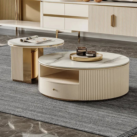Modern Round Nesting Coffee Table with Storage White Sintered Stone Set of 2