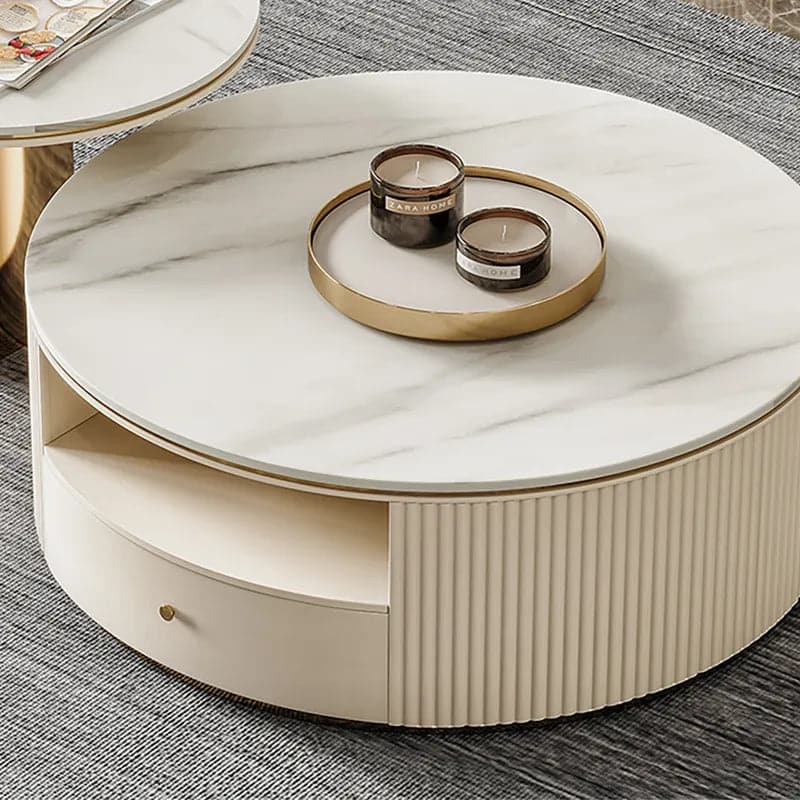 Table basse gigogne ronde moderne avec rangement en pierre frittée blanche, lot de 2 