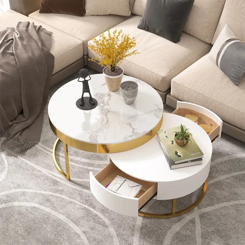 Modern Round Sintered Stone Nesting Wood Coffee Table with Drawers in White#White