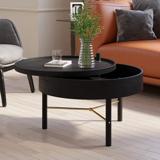 Table basse moderne à plateau rotatif en bois rond avec rangement et pieds en métal en noir