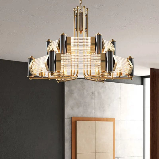 Plafonnier lustre moderne à plusieurs niveaux avec hauteur réglable en noir et or