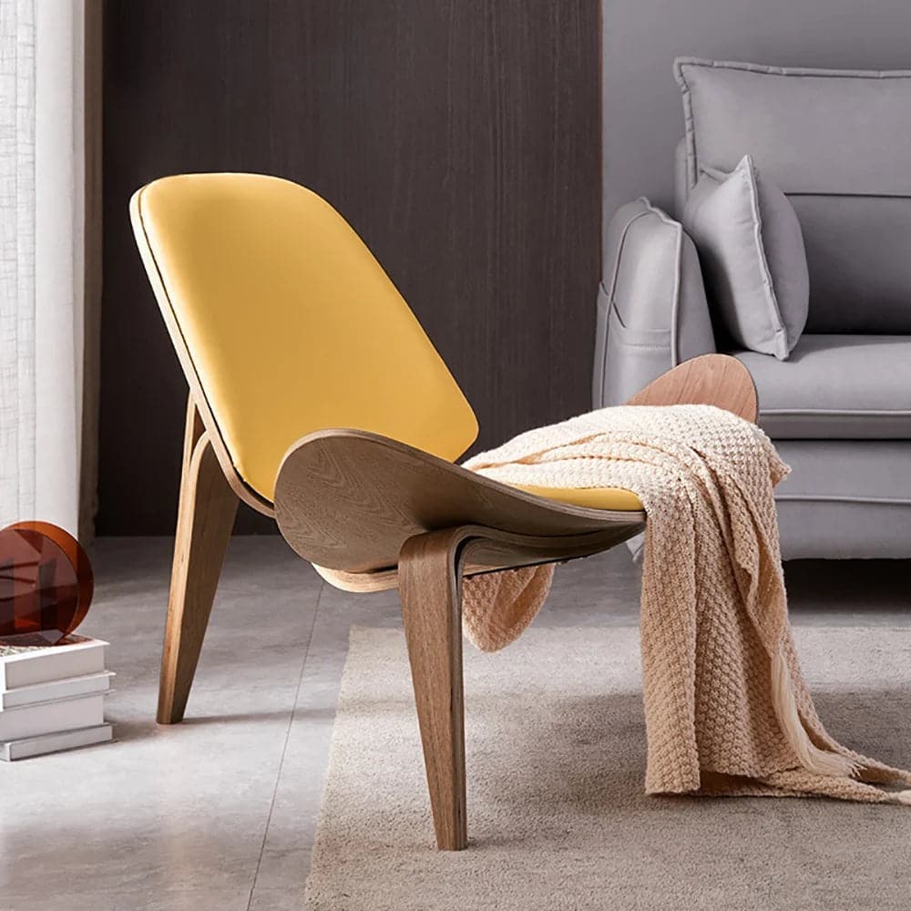 Modern Tripod Yellow Leather Lounge Chair with Single Side in Walnut