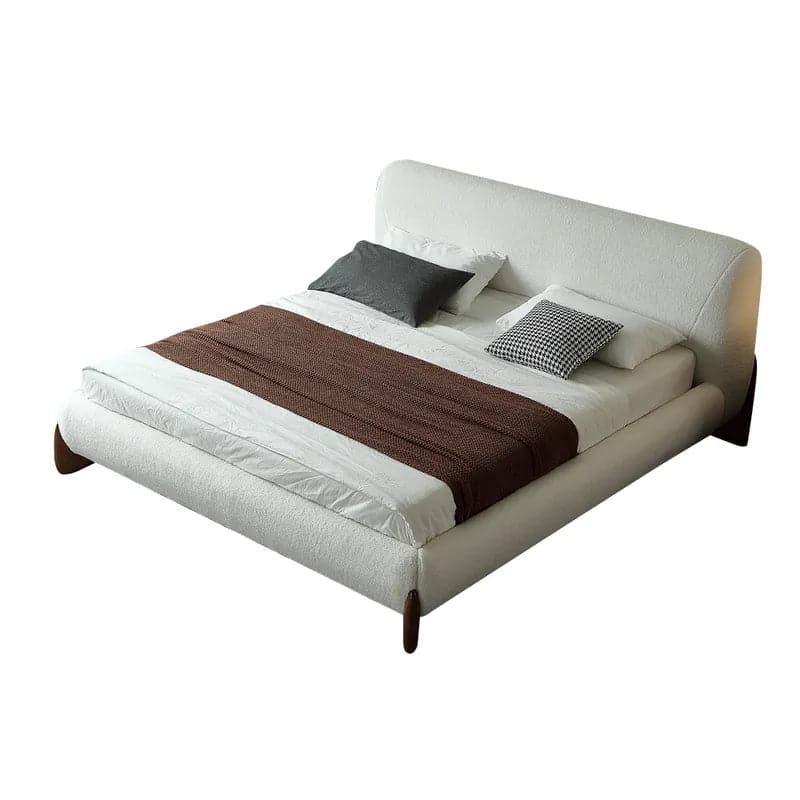 Modern White Boucle Platform Bed King Size Bed Frame with Upholstered Headboard