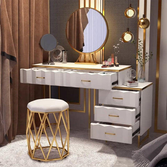 Vanité de maquillage extensible blanche moderne, ensemble de coiffeuse à 5 tiroirs avec tabouret et miroir
