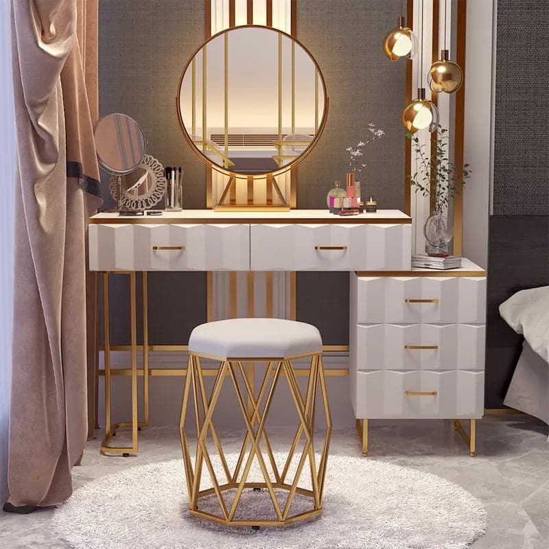 Vanité de maquillage extensible blanche moderne, ensemble de coiffeuse à 5 tiroirs avec tabouret et miroir