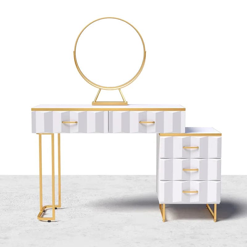 Vanité de maquillage extensible blanche moderne, ensemble de coiffeuse à 5 tiroirs avec tabouret et miroir