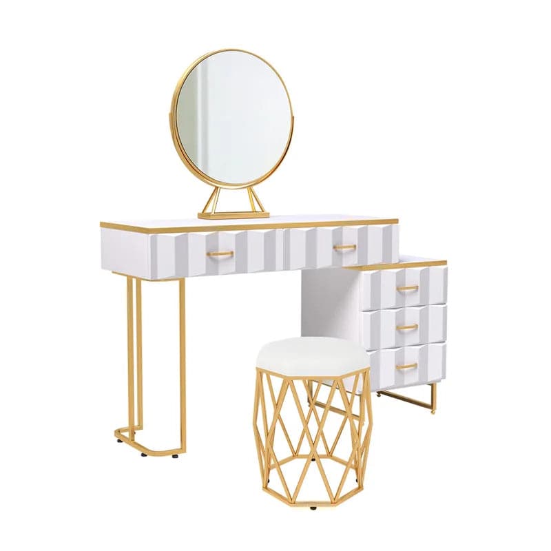 Vanité de maquillage extensible blanche moderne, ensemble de coiffeuse à 5 tiroirs avec tabouret et miroir