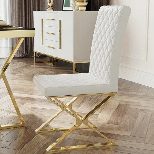 ModernWhiteLeatherDiningRoomChairUpholsteredGoldLegs_Setof2#White