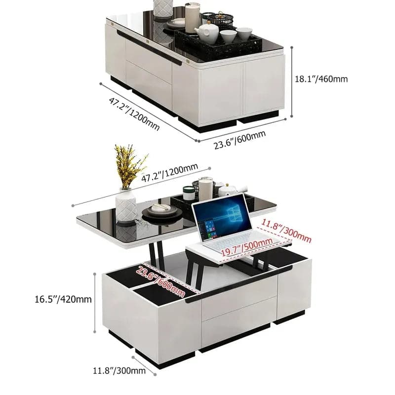 Table basse moderne en verre blanc avec tiroirs et table multifonction de rangement