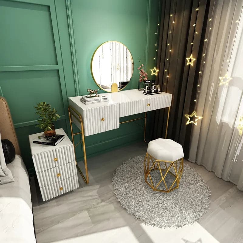 Ensemble de vanité de maquillage blanc moderne avec armoire, tabouret et miroir, ensemble de vanité de chambre à coucher 4 pièces