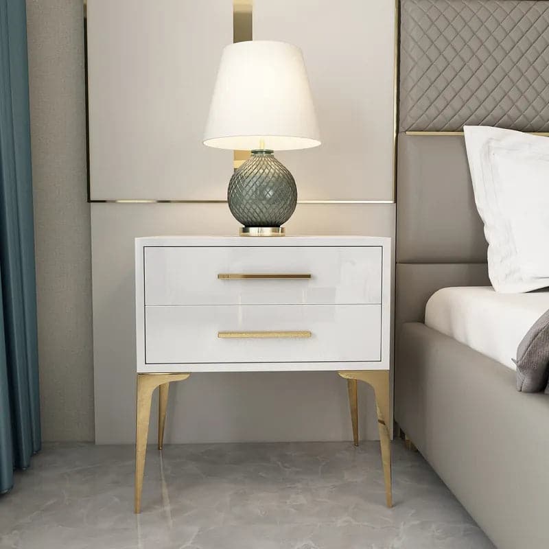 Modern White Nightstand Glossy 2-Drawer Classic Bedside Cabinet High Legs