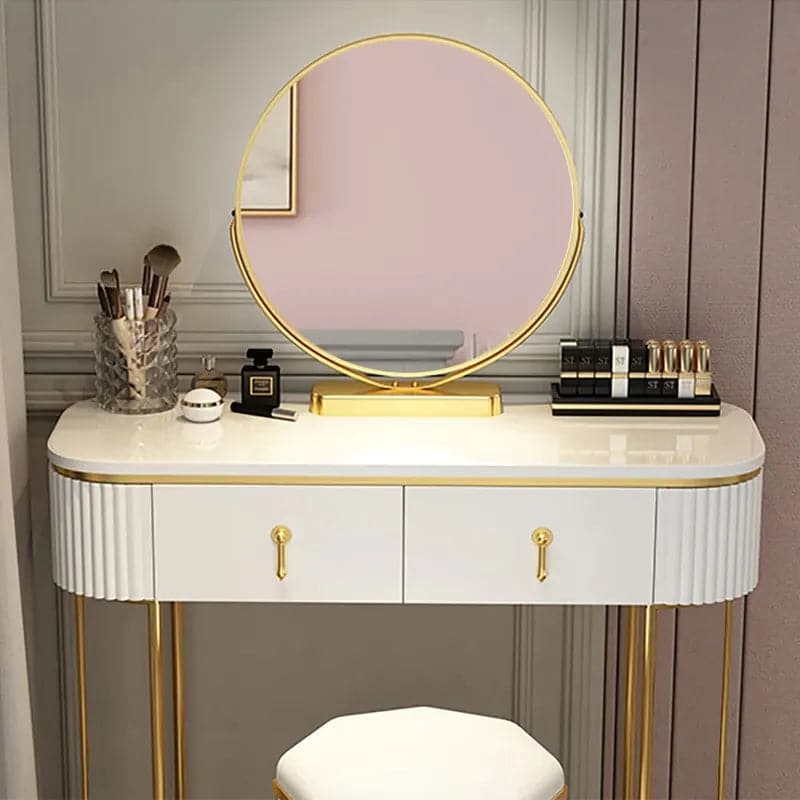 Modern White Oval Makeup Vanity with Rotatable Mirror & Nesting Stool