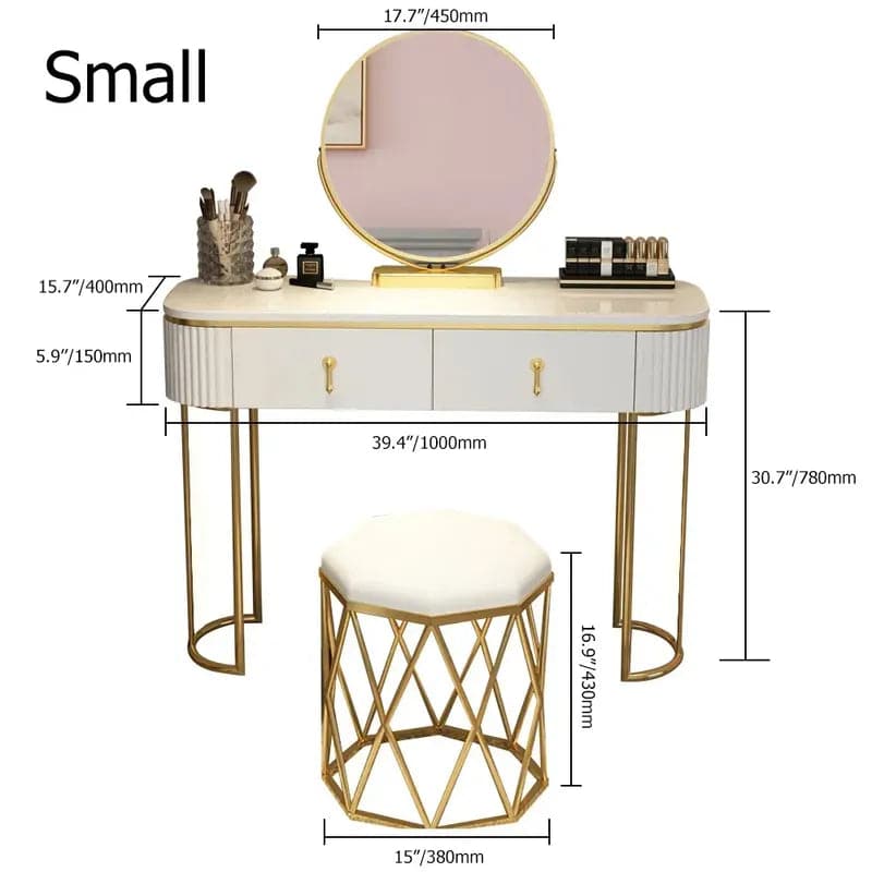 Modern White Oval Makeup Vanity with Rotatable Mirror & Nesting Stool