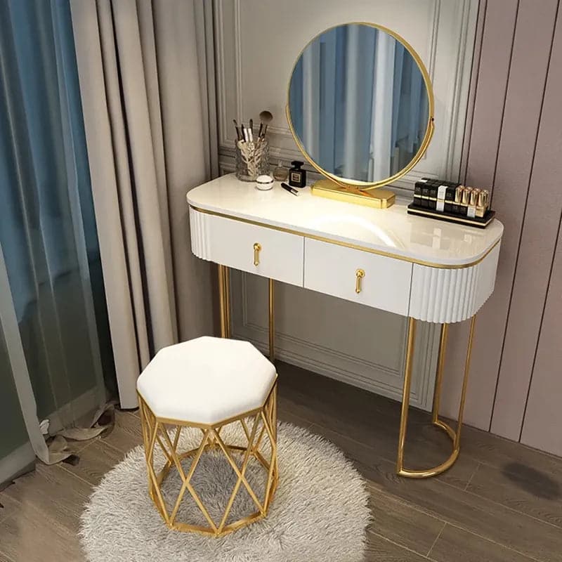 Modern White Oval Makeup Vanity with Rotatable Mirror & Nesting Stool