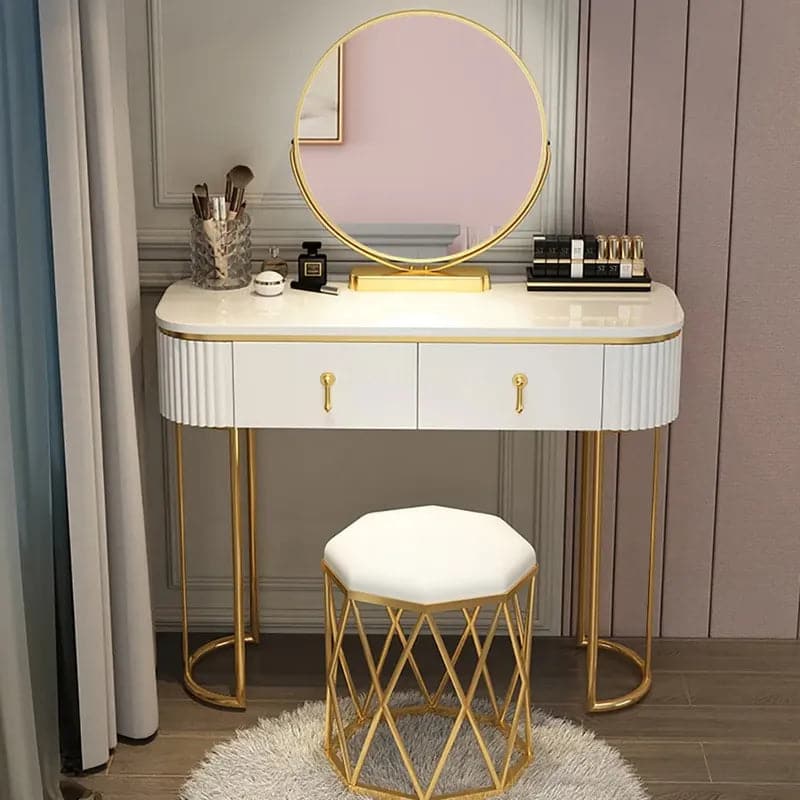 Modern White Oval Makeup Vanity with Rotatable Mirror & Nesting Stool