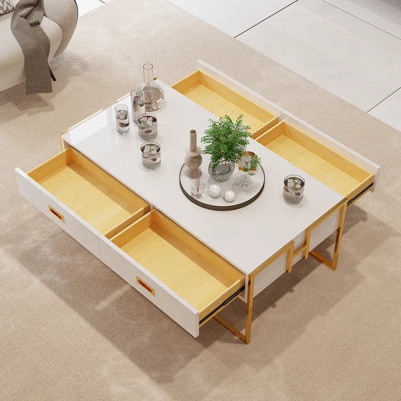 Modern White Rectangular Coffee Table with Drawers Lacquer Gold Base#White
