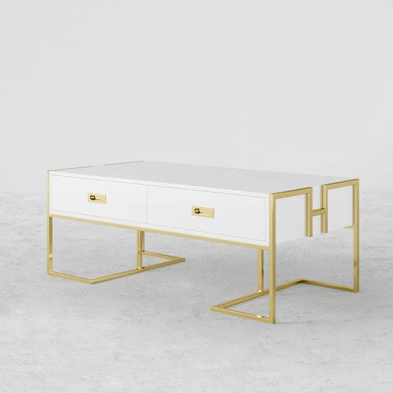 Modern White Rectangular Coffee Table with Drawers Lacquer Gold Base#White