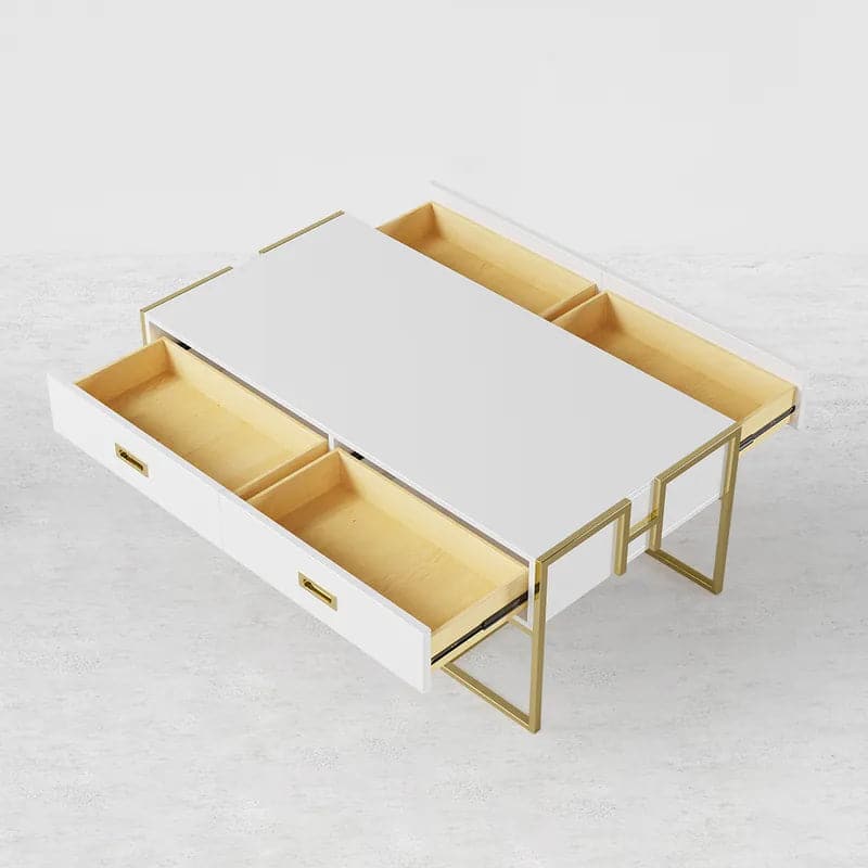 Modern White Rectangular Coffee Table with Drawers Lacquer Gold Base#White