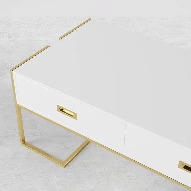 Modern White Rectangular Coffee Table with Drawers Lacquer Gold Base#White