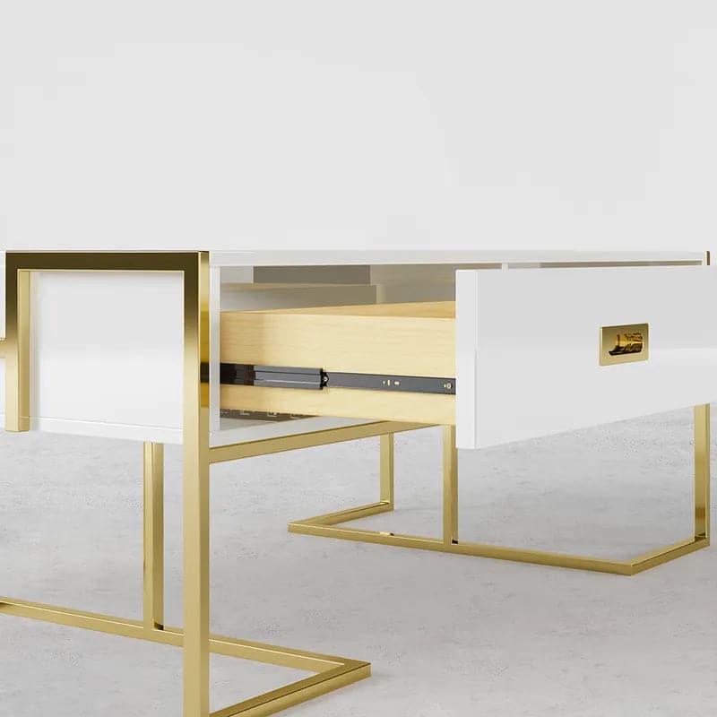 Modern White Rectangular Coffee Table with Drawers Lacquer Gold Base#White