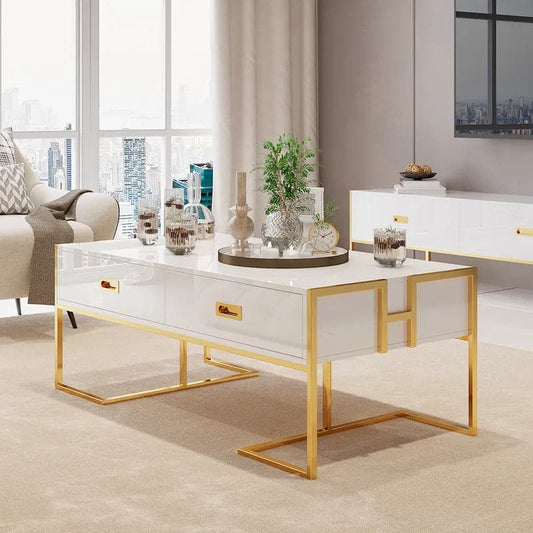 Modern White Rectangular Coffee Table with Drawers Lacquer Gold Base#White