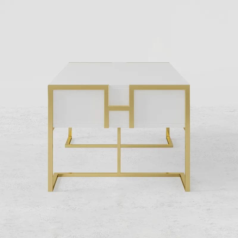 Modern White Rectangular Coffee Table with Drawers Lacquer Gold Base#White