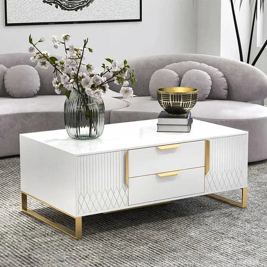 Modern White Rectangular Coffee Table with Storage of Drawers and Doors in Gold#White
