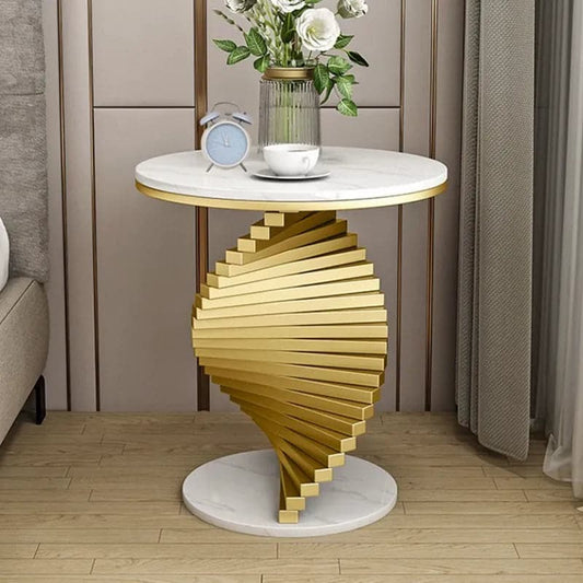 Modern White&Black Round Metal Side Table with Faux Marble Tabletop End Table#White
